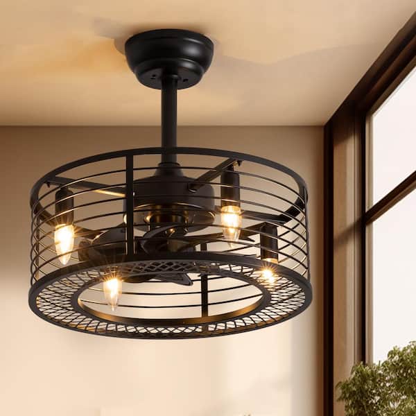 20 in. Indoor Black Farmhouse Ceiling Fan Caged Ceiling Fan with Lights and Remote Small Industrial Ceiling Fan