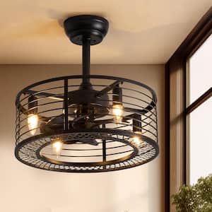 20 in. Indoor Black Farmhouse Ceiling Fan Caged Ceiling Fan with Lights and Remote Small Industrial Ceiling Fan