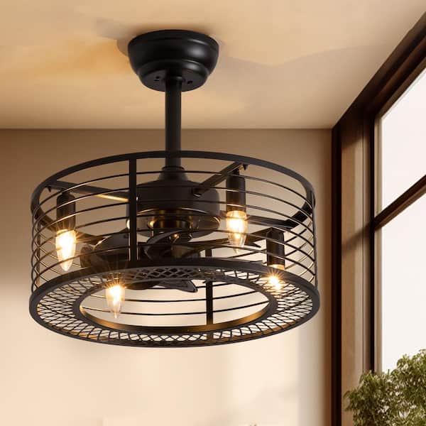 ANTOINE 20 in. Indoor Black Farmhouse Ceiling Fan Caged Ceiling Fan with Lights and Remote Small Industrial Ceiling Fan