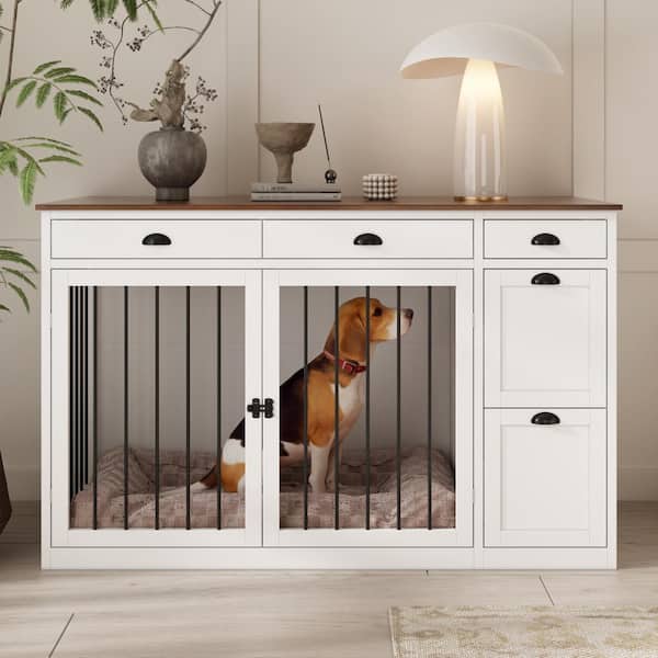 FUFU&GAGA Large Dog Crate with 5-Drawers, Wooden Dog House Furniture Style Dog Cage Storage Cabinet for Medium Small Dogs, White