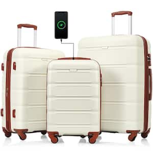 High-Quality Airline Certified Carry-On 3-Piece Beige Luggage Set w/USB Port, Cup Holder, Hard Shell and Spinner Wheels
