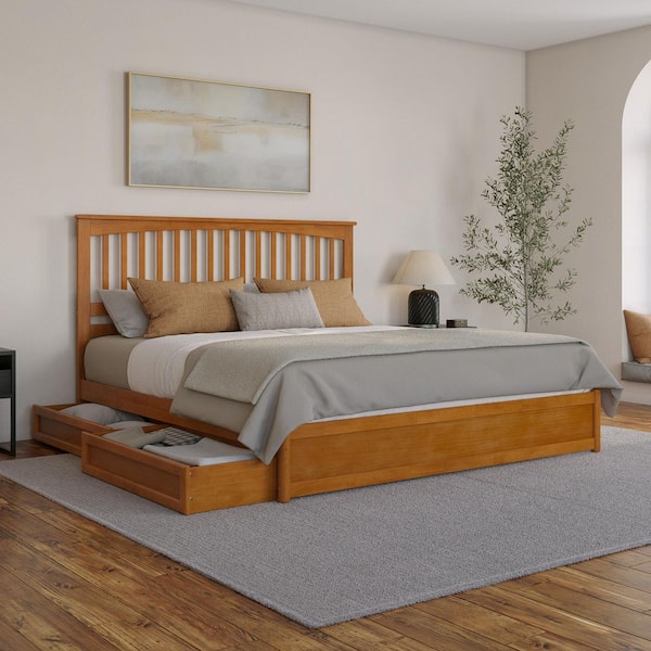 AFI Everett Light Toffee Natural Bronze Solid Wood Frame King Platform Bed with Panel Footboard Storage Drawers
