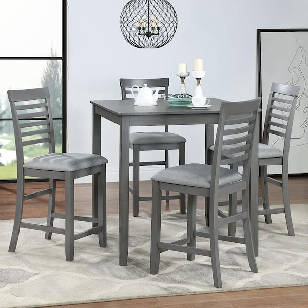 Drelmont Country Rustic 5 Piece Gray Square MDF Wood Counter Height Dining Table Set with Upholstered Chair, Seats 4