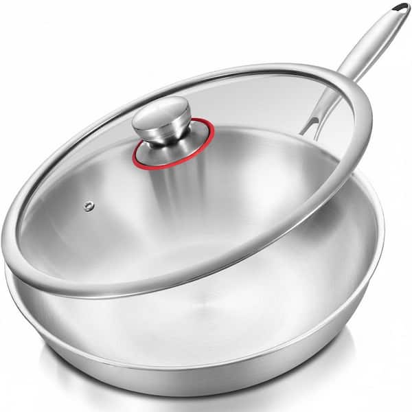 Kitchen Tools Tri-Ply Stainless Steel Silver Wok Pan w Lid Induction Compatible Dishwasher Oven Safe Detachable Handle
