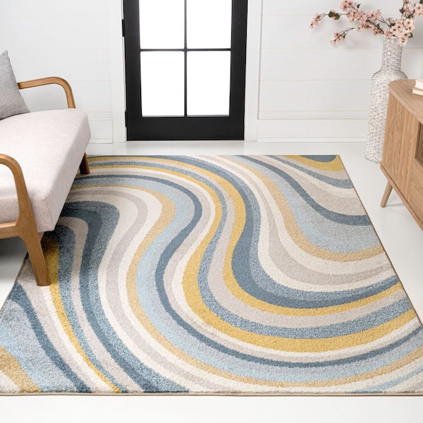 Flow Abstract Swirl Blue/Mustard/Gray 8 ft. x 10 ft. Area Rug