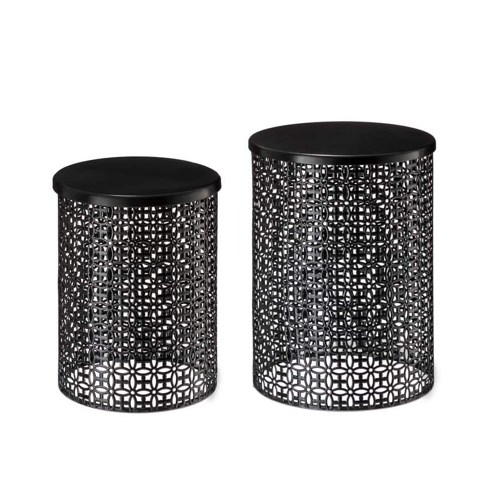 Glitzhome Multi-functional Metal Black garden Stool or Planter Stand or Accent Table or Side Table (Set of 2)