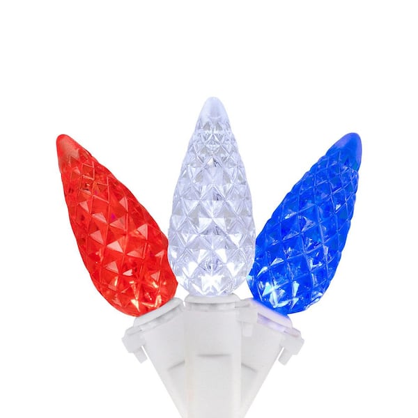 Patriotic LED C6 Faceted Christmas Lights-Red White and Blue-16.5 in. White Wire-50ct