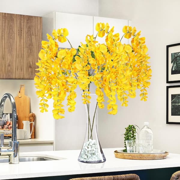 44 in. Yellow Artificial Japanese Wisteria Flower Stem Hanging Spray Bush (Set of 3)