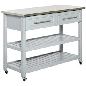 Gray Wood 47.25 in. W Kitchen Island with Stainless Steel Top, Open Shelves and Drawers