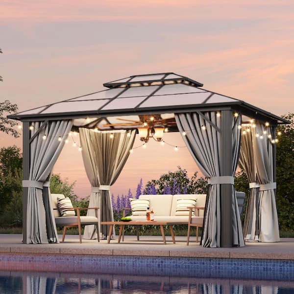 Grey Hardtop Gazebo 12 ft. x 10 ft., Aluminum Frame Permanent Pavilion with Curtains and Netting