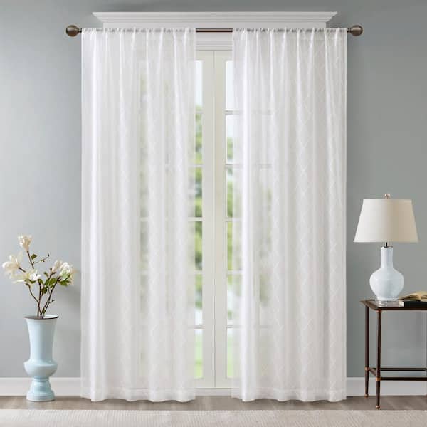 Madison Park Iris White Abstract Embroidered 50 in. W x 84 in. L Rod Pocket Sheer Curtain