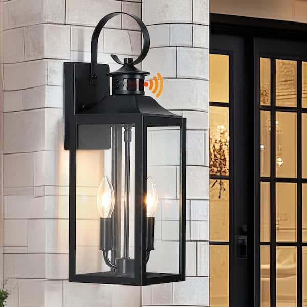 2-Light Black Motion Sensing Dusk to Dawn Outdoor Hardwired Wall Lantern Scone with Clear Glass, No Bulbs Included