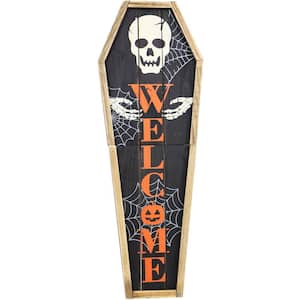 33 in. Wood Coffin Welcome Sign with Folding Storage Hinges for Halloween Hanging Decoration