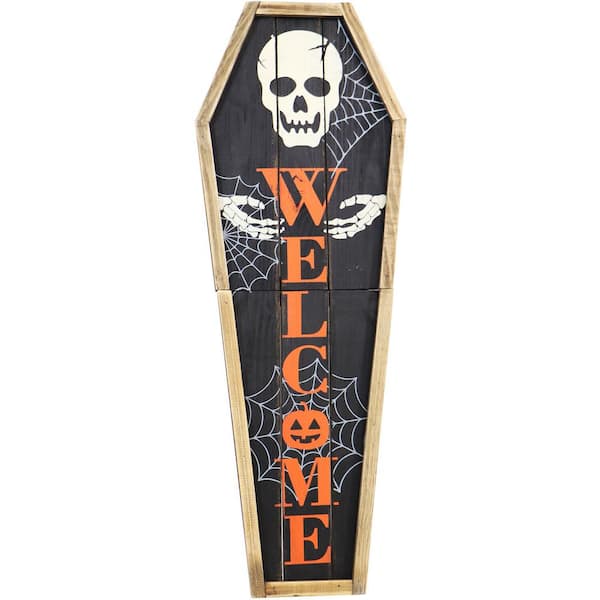 Haunted Hill Farm 33 in. Wood Coffin Welcome Sign with Folding Storage Hinges for Halloween Hanging Decoration