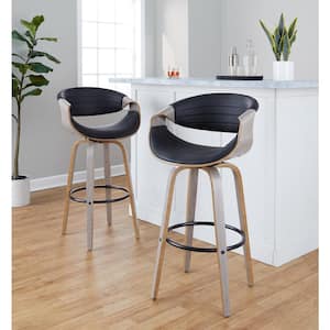 Symphony 29.25 in. Black Faux Leather, Light Grey Wood and Black Metal Fixed-Height Bar Stool (Set of 2)