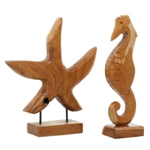 Brown Teak Wood Handmade Carved Sea Horse Sculpture with Starfish (Set of 2)