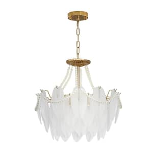 20 in. 6-Light Modern Adjustable Pendant Light, Crystal Chandelier with 3-Tier Feather Glass Lampshade, Bulbs Included