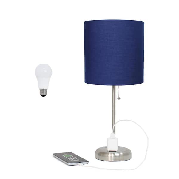Creekwood home Oslo 19.5 in. Contemporary Bedside Power Outlet Base Metal Table Lamp in Brushed Steel, Navy Blue Shade, with LED Bulb