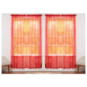 Solid Red 55 in. W x 84 in. L Rod Pocket Sheer Window Curtain Panel (Set of 4)