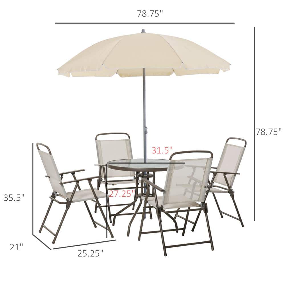 Beige 6-Piece Outdoor Dining Set with Umbrella and Folding Chairs