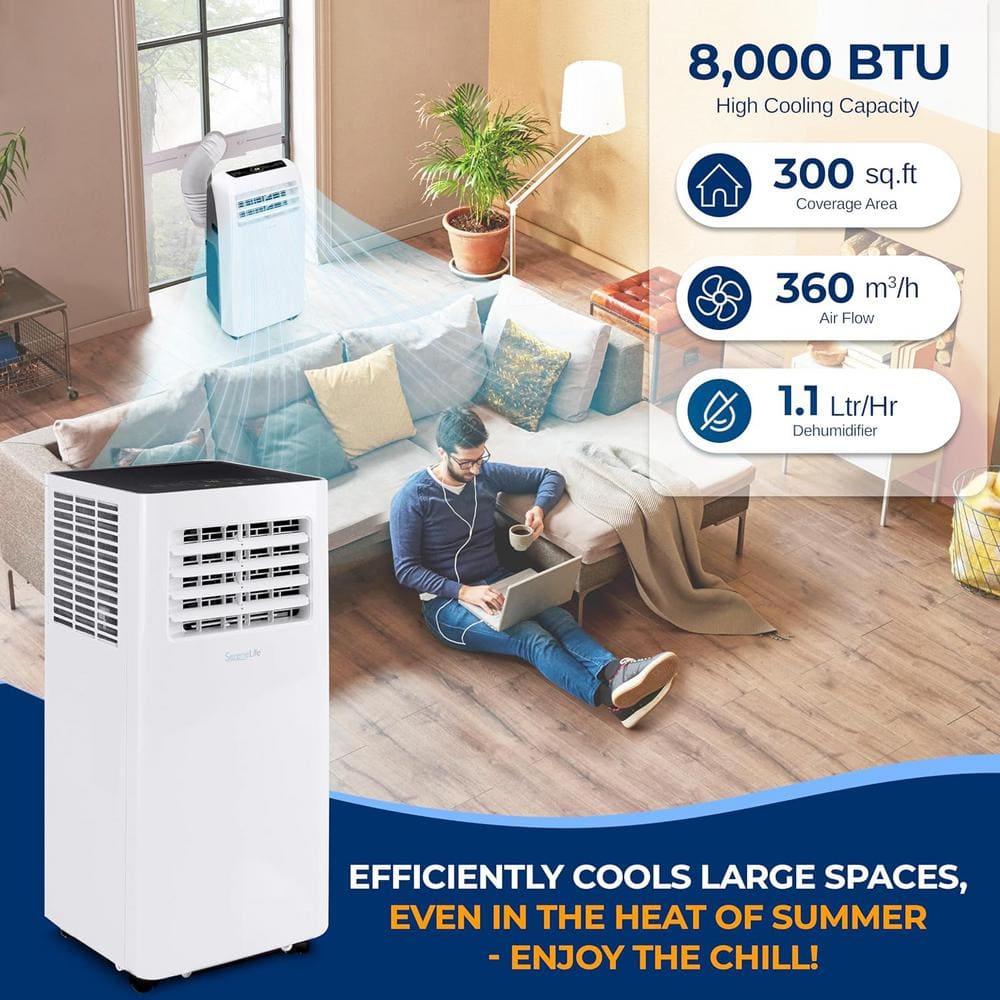 SereneLife 8,000 BTU White Portable Air Conditioner with Remote