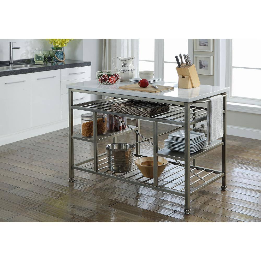 Lanzo 50" Marble and Antique Pewter Kitchen Island