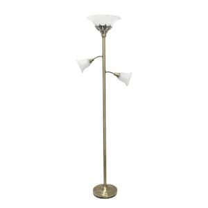 71 in. Antique Brass 3-Light Torchiere Floor Lamp with Scalloped Glass Shades