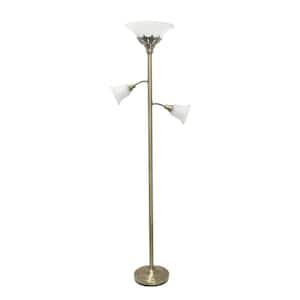 71 in. Antique Brass Torchiere Floor Lamp with 2 Reading Lights and White Scalloped Glass Shades