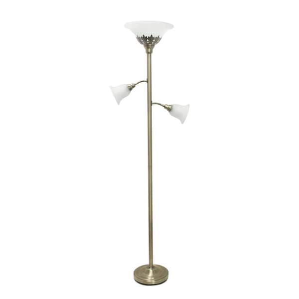 Lalia Home 71 in. Antique Brass Torchiere Floor Lamp with 2 Reading Lights and White Scalloped Glass Shades