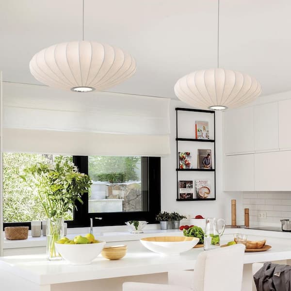 Saucer 60-Watt 1-Light White Silk Shade Pendant Light for Living Room Bedroom Dining Room, Dia23. 6"