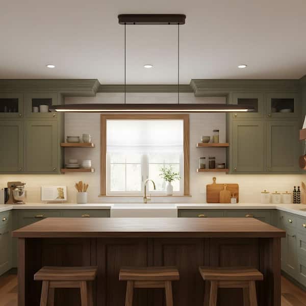 51.2 in. 1-Light Walnut LED Farmhouse Style Wooden Linear Chandeliers with Dimmable 6500K Light