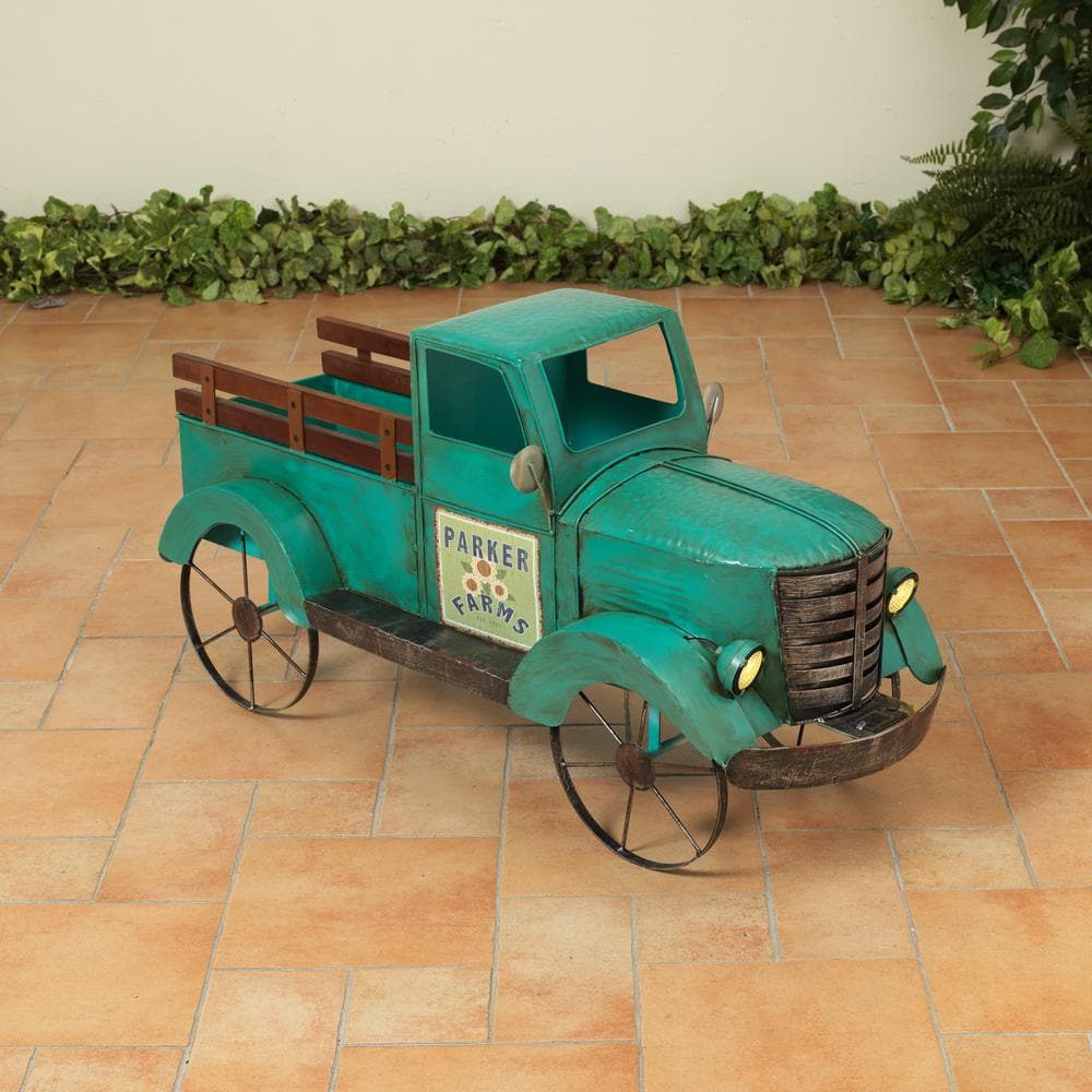 Antique Green Metal Garden Truck with Wood Panels