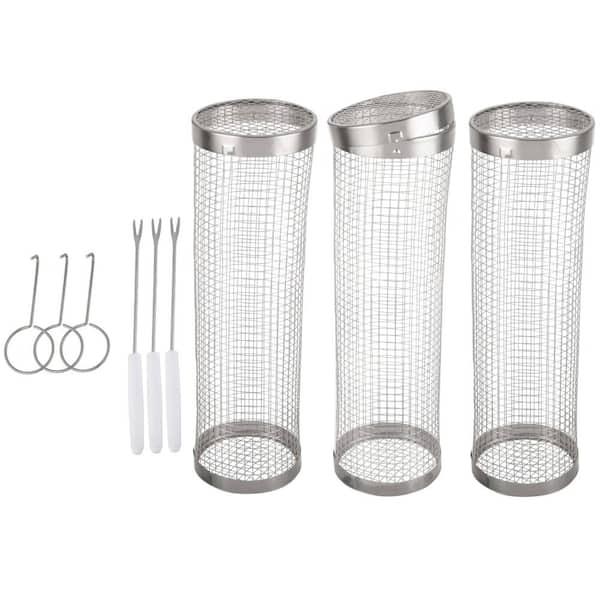 Pure Garden Grill Baskets for Outdoor Grill - Set of 3 Rolling Grill Baskets for Veggies, Shrimp and Chicken