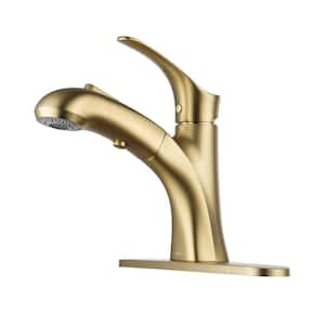 Single Handle Single Hole Bathroom Faucet with Pull-Out Sprayer head, Deckplate Included in Stainless steel Brushed Gold