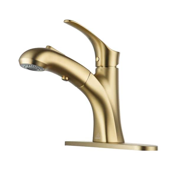 CASAINC Single Handle Single Hole Bathroom Faucet with Pull-Out Sprayer head, Deckplate Included in Stainless steel Brushed Gold