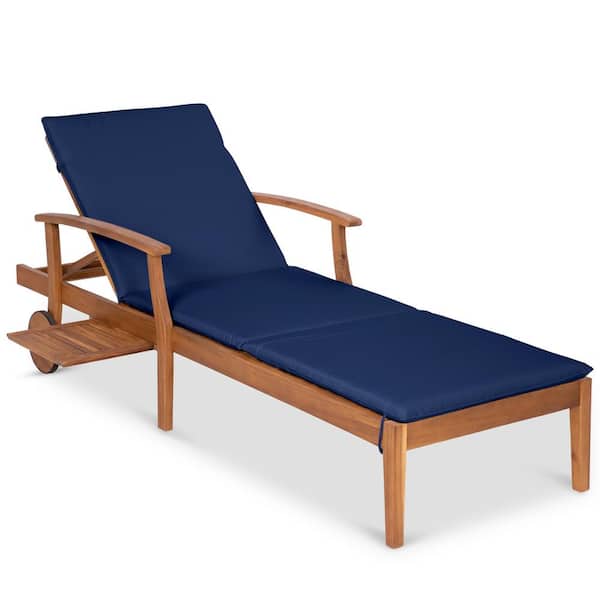 Best Choice Products Wood Outdoor Chaise Lounge with Navy Blue Cushions