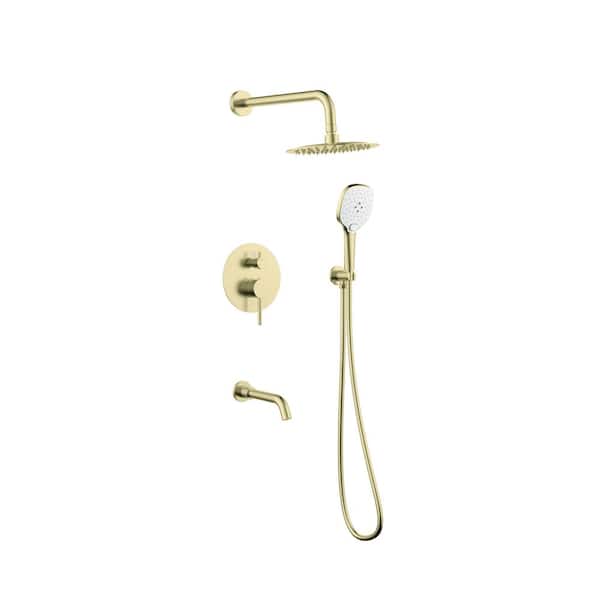 Unbranded Timeless Home 3-Spray Wall Mounted 8 in. Complete Shower and Tub Faucet with Rough-In Valve in Brushed Gold