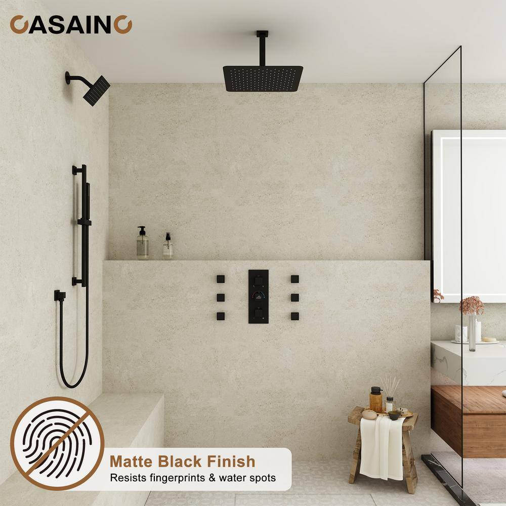 Matte Black 16" Thermostatic Dual Shower System with Handheld and Body Jets