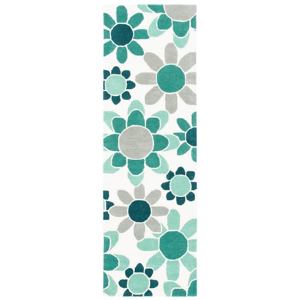 Kids 3 ft. x 8 ft. Ivory/Green Oversized Floral Runner Rug