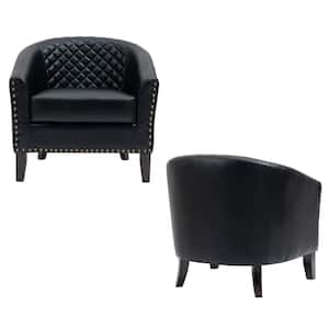 Mid-Century Black Solid Wood Legs PU leather Upholstered Accent Barrel Chair With Nailhead Trim(Set of 2)