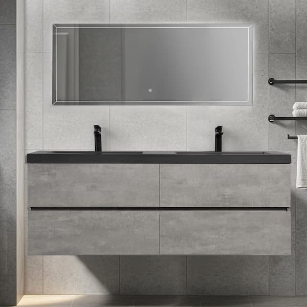 72 in. Wall-Mounted Floating Bath Vanity with Double Black Quartz Sink Top in Grey