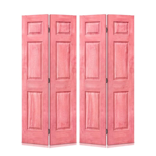 CALHOME 60 in. x 80 in. Antique Red Stain 6 Panel MDF Composite Bi-Fold Double Closet Door with Hardware Kit