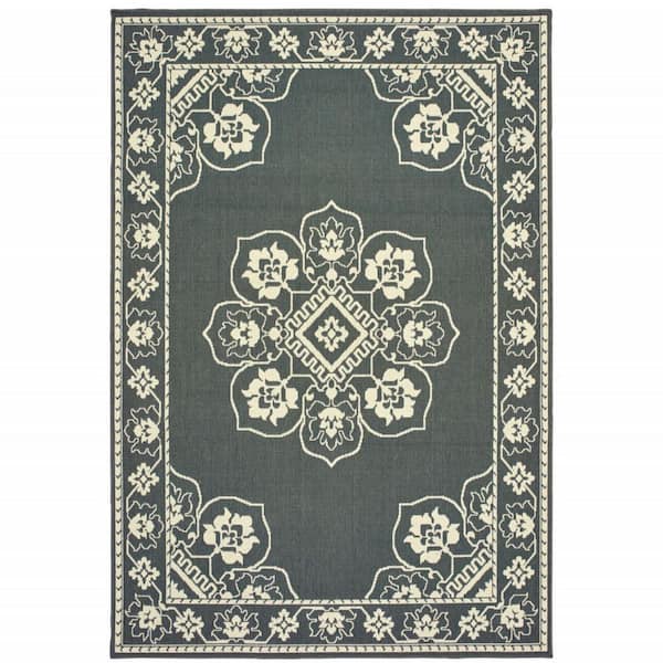 Gray, Ivory 2 ft. x 4 ft. Loomed Oriental Polypropylene Rectangle Indoor/Outdoor Area Rug