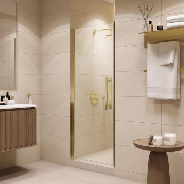 OVE Decors Pasadena 29.41 in. Max Width x 72.01 in. H Pivot Alcove Frameless Shower Door in Brushed Gold