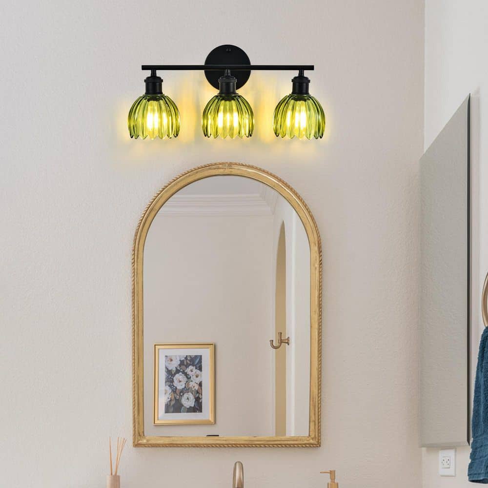 19.3 in. 3-Light Black Vanity Light Bathroom Light Fixtures Wall Light Over Mirror with Green Tulip Glass Shade price history on PriceWatchPro
