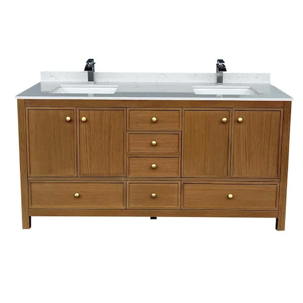72 in. W x 22 in. D x 35 in. H Double Sink Bath Vanity Cabinet in Brown Oak with Calacatta Cultured Marble Top