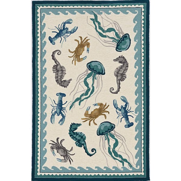 Mira Ivory/Teal 5 ft. x 8 ft. Bordered Nautical Hand-Made Area Rug
