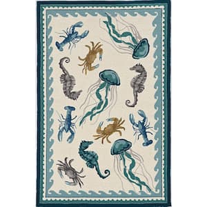 Mira Ivory/Teal 7 ft. x 10 ft. Nautical Hand-Made Area Rug