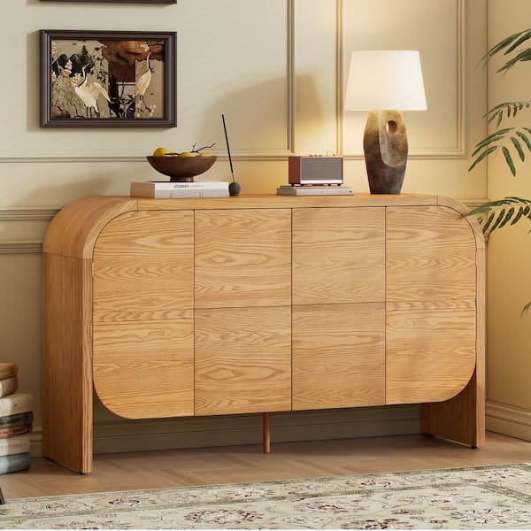 Harper & Bright Designs Natural Ash Veneer and MDF 56 in. Buffet Sideboard with Retro 4 Doors and Rounded Corners