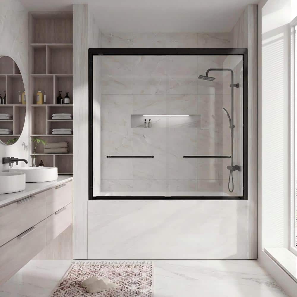 "56"" to 60"" W x 58"" H Framed Double Sliding Bathtub Shower Door in Matte Black with Clear Glass" price history on PriceWatchPro